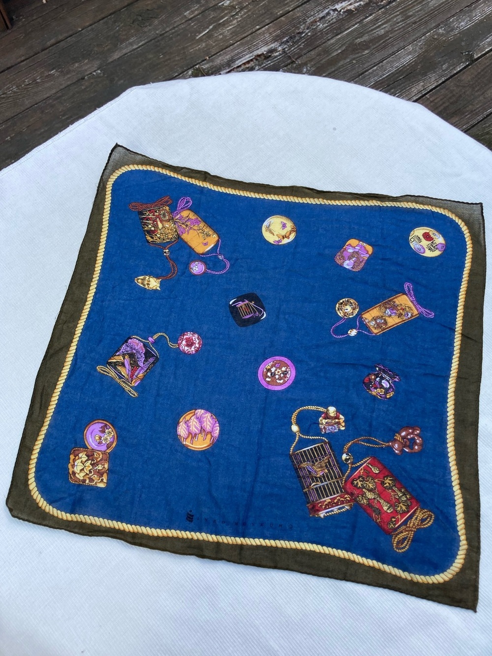 Vintage Inro Museum Japan Scarf 16x16 Inro Netsuke Print Blue Cotton